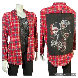 Joker and Harley Quinn Custom Reworked Upcycle Bleached Plaid Shirt